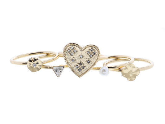 JM Set of 5 Heart with Crystals Coordinating Gold Rings