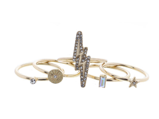 JM Set of 5 Crystal Lightning Bolt Coordinating Gold Rings