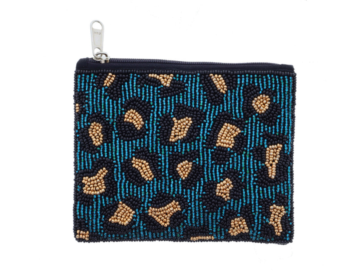 JM Beaded Black & Teal Leopard Coin Purse