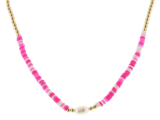 JM Gold Bead with Pink Rubber Sequins and Pearl Necklace