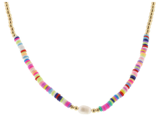 JM Gold Bead with Multi Color Rubber Sequins and Pearl Necklace