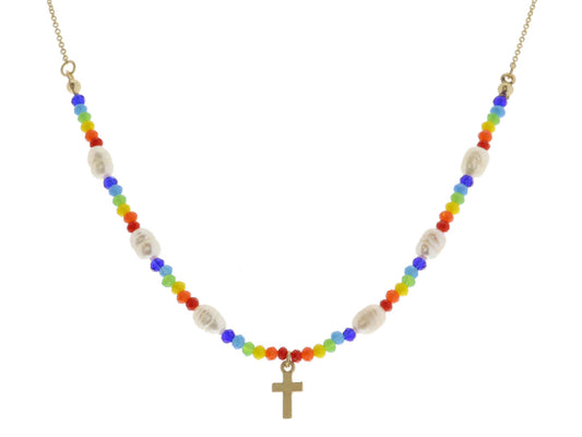 JM Multi Faceted Beads with Pearl Accents with Gold Cross Necklace
