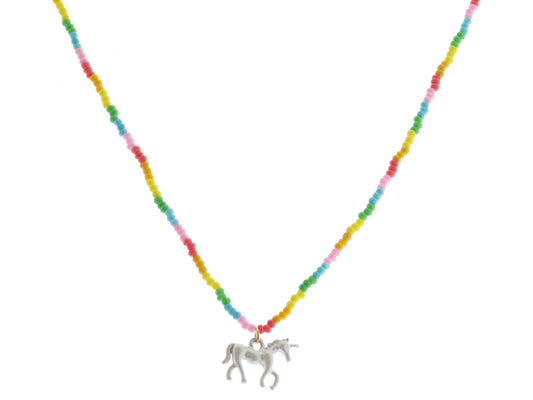 JM Multi Colorblock Beaded Necklace with White Unicorn