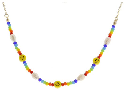 JM Kids Multi Faceted Beads with Pearl Accent and Yellow Happy Face Necklace
