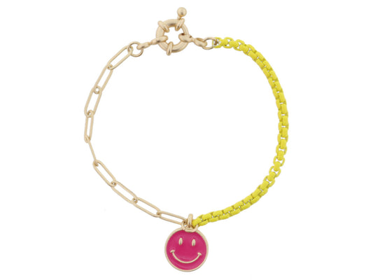 JM Kids Gold Chain/Yellow with Hot Pink Happy Face Bracelet
