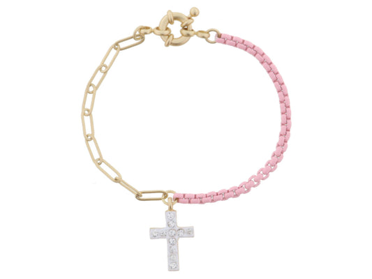 JM Kids Gold Chain/Light Pink and Crystal Cross Bracelet