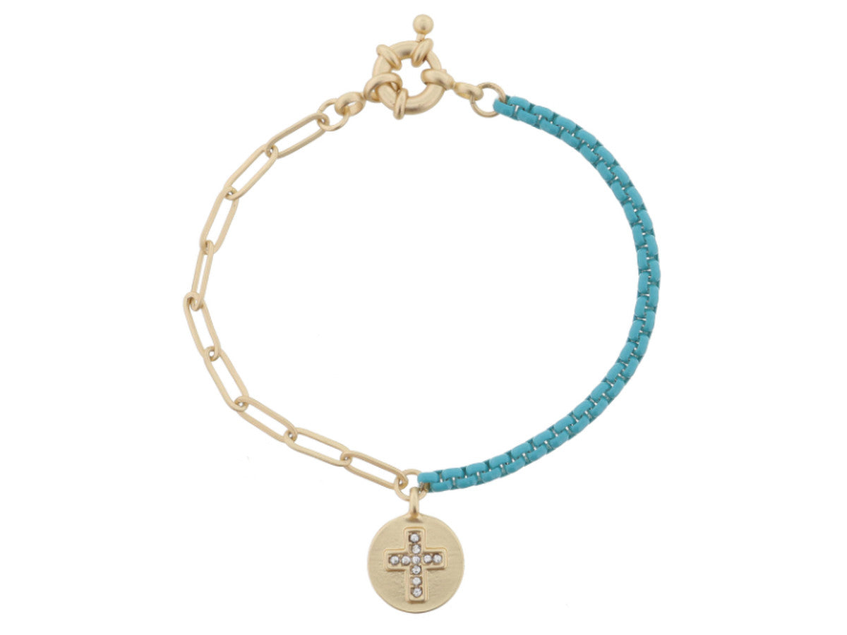 JM Kids Gold Chain/Turquoise with Crystal Cross Gold Bracelet
