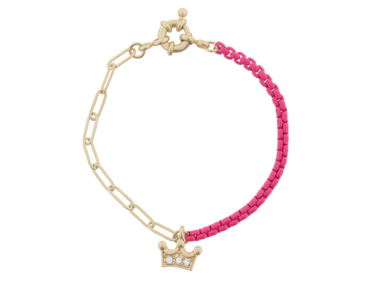 JM Kids Gold Chain/Hot Pink with Crystal Crown Bracelet