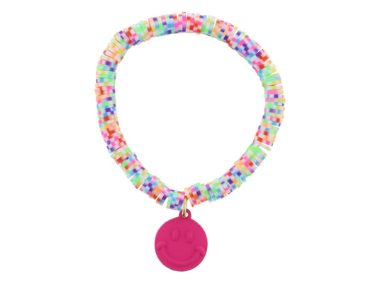 Kids Multi Speckled Rubber Beaded Bracelet - Pink Happy Face