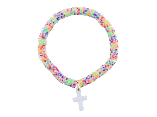 Kids Multi Speckled Rubber Beaded Bracelet - White Cross