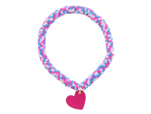 Kids Pink, Blue & White Speckled Rubber Beaded Bracelet - Pink Heart