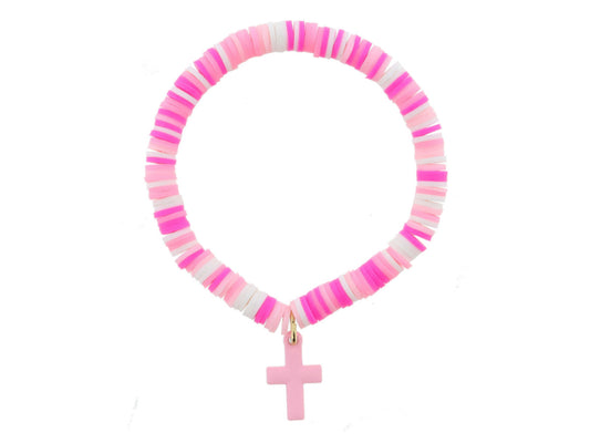Kids Multi Pink Rubber Beaded Bracelet - Lt Pink Cross