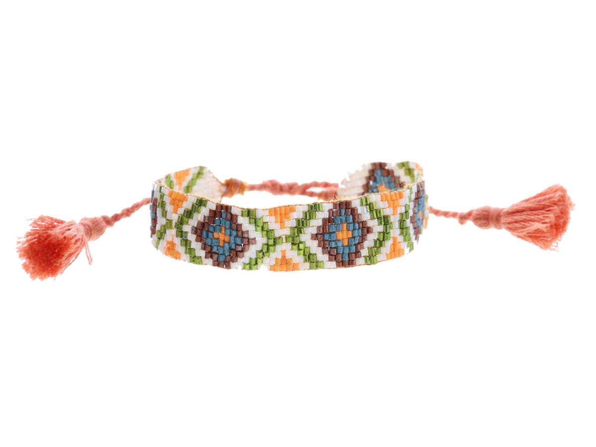 JM Kids Orange White Olive Teal Woven Beaded Band Bracelet