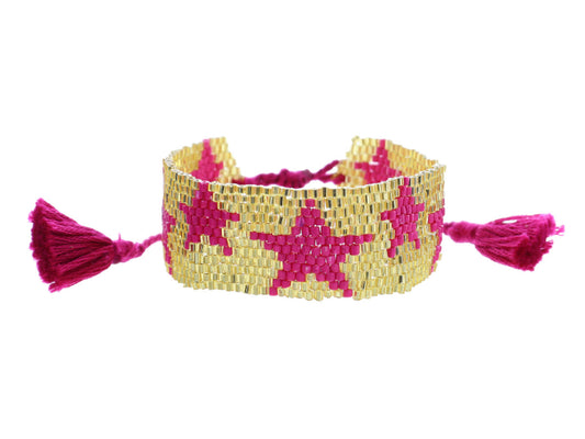 JM Kids Gold with Hot Pink Stars Woven beaded Band Bracelet