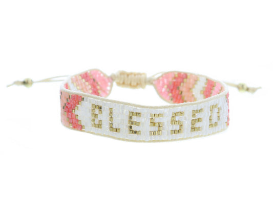 JM Kids Peach Pink White Gold "BLESSED" Woven Beaded Band Bracelet