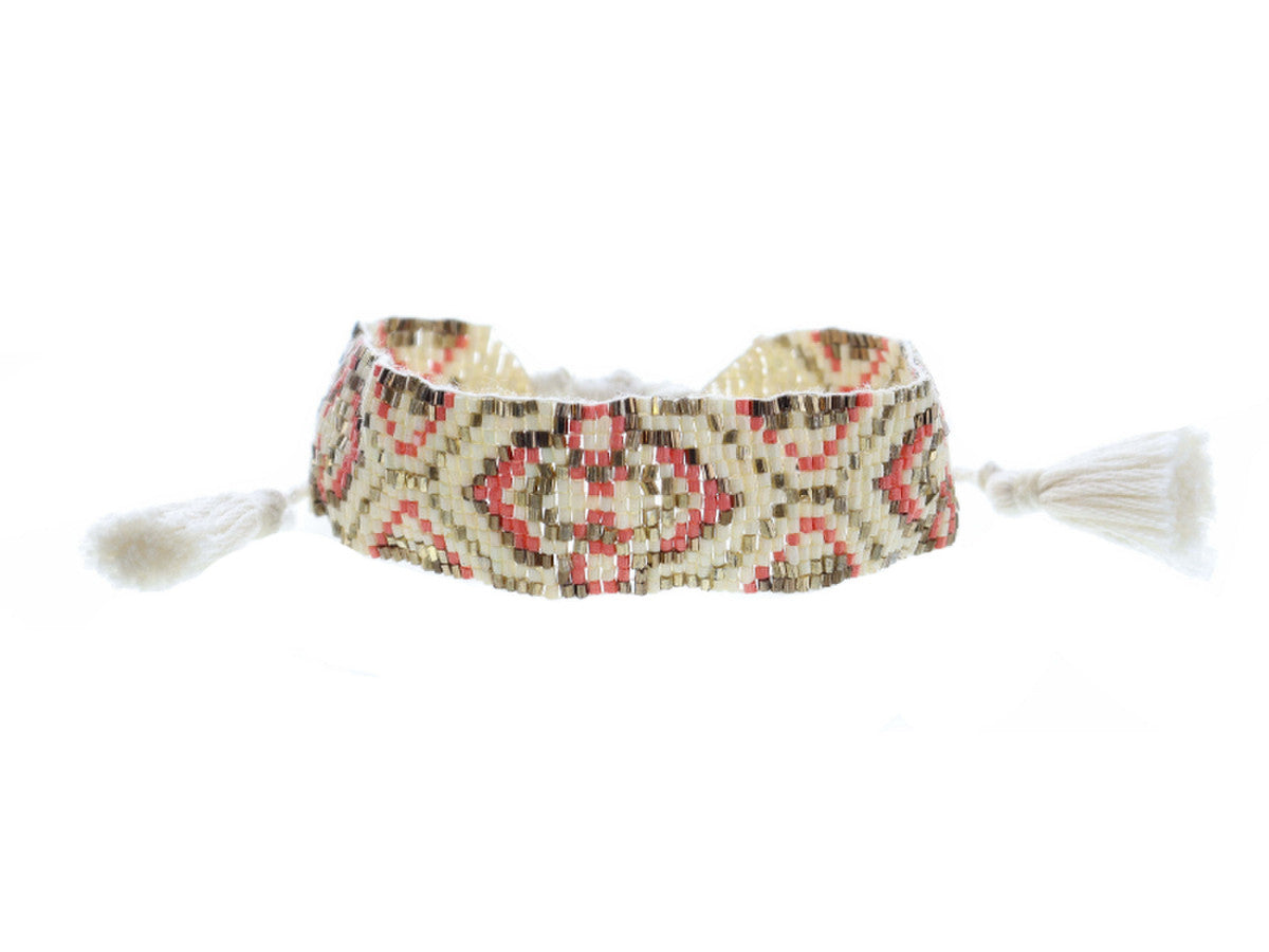 JM Kids Bronze Ivory Coral Gold Woven Beaded Band Bracelet