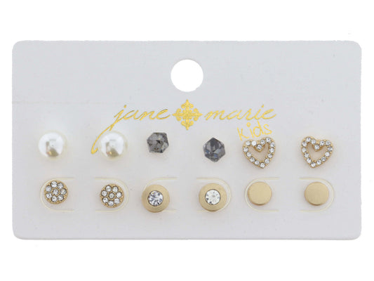JM Kids 6 Stud Earring Set - Gold Pearl