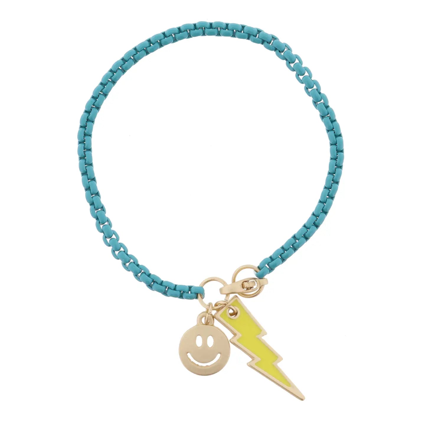 JM Kids Teal Box Chain with Happy Face and Yellow Bolt Bracelet