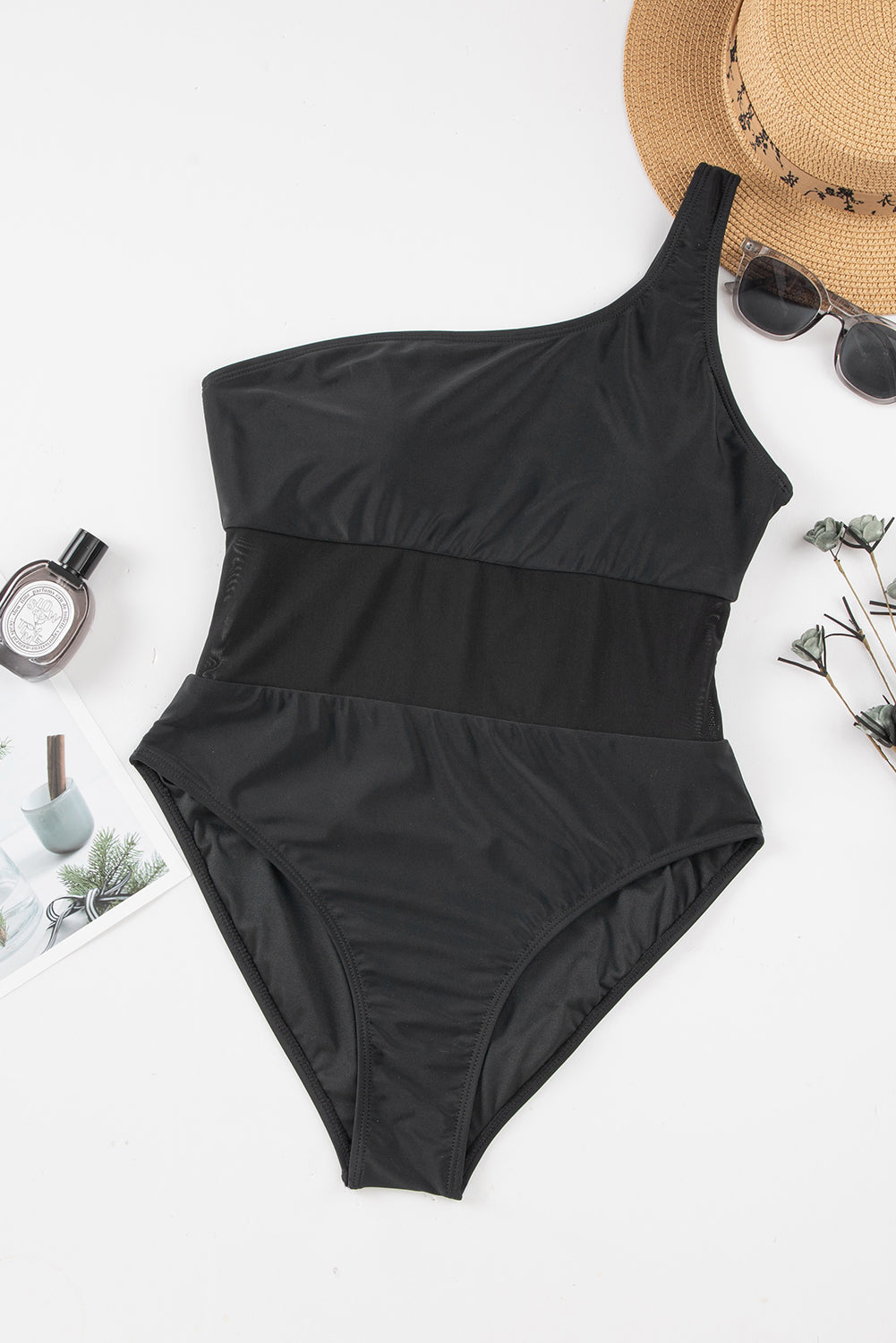 Black Single Shoulder Mesh One-piece Swimsuit