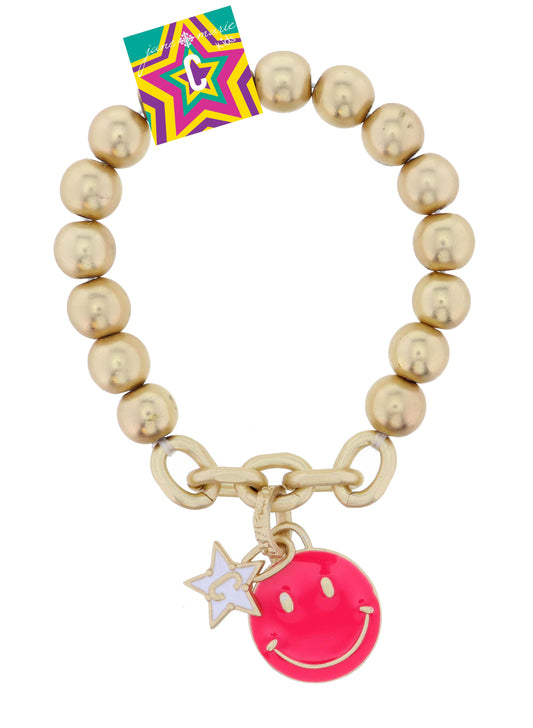 Kids Happy Face, Hot Pink & Yellow with Star "C" Bracelet