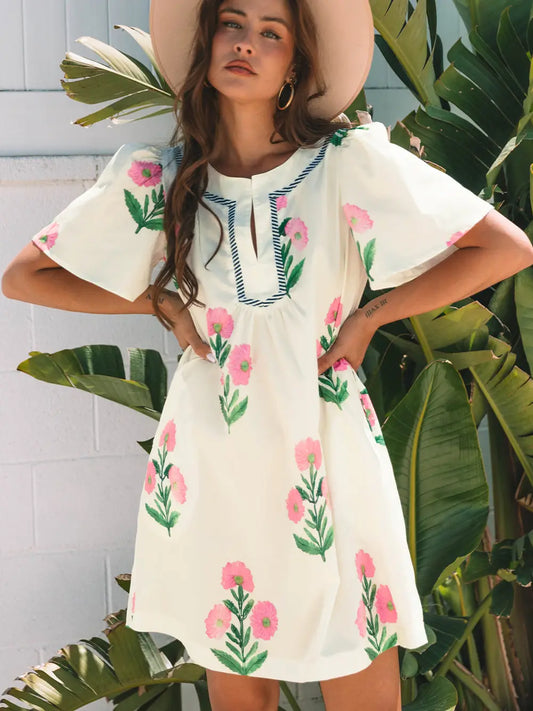 Floral Split Neck Mini Dress
