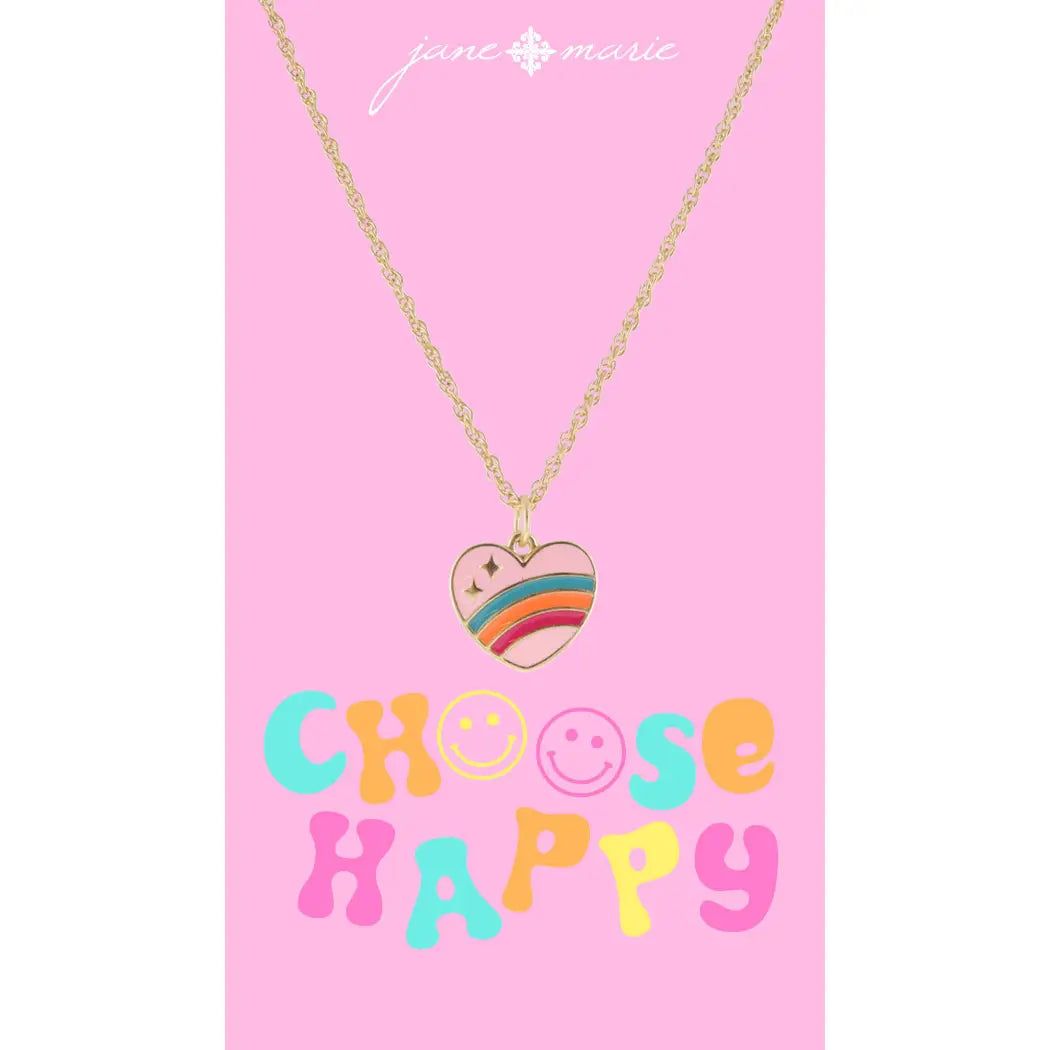 JM Kids Pink Enamel Heart with Multi Rainbow and Stars Necklace