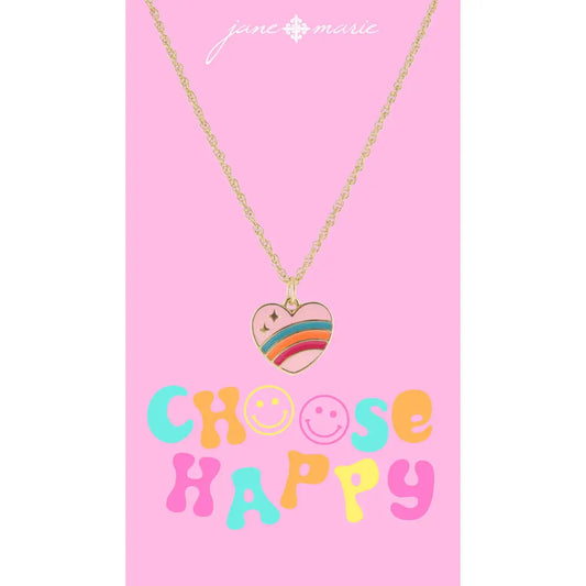 JM Kids Pink Enamel Heart with Multi Rainbow and Stars Necklace