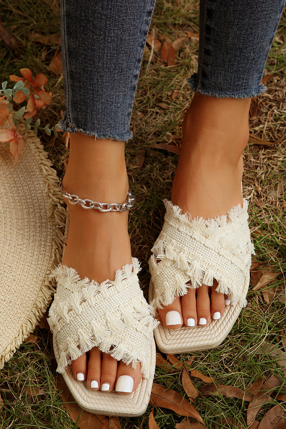 Beige Tassel Cross Strap Flat Sandals