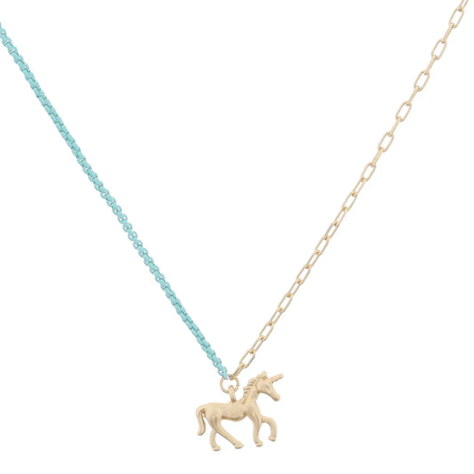 JM Kids Half Gold Chain, Half Mint Chain with Unicorn Necklace