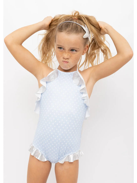 Polka Dot Silver Ruffle Swimsuit