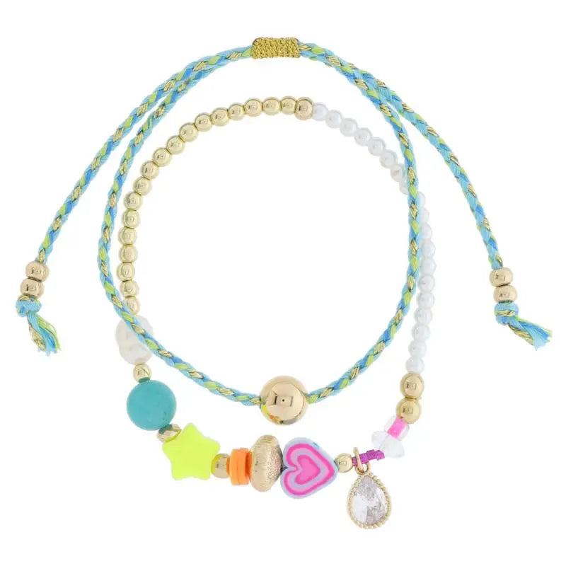 JM Kids Set of 2, Pearl & Gold Beads & Blue Cord Adj Bracelet