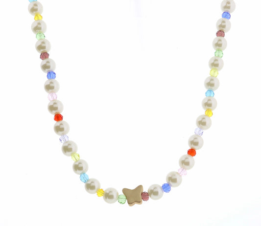 JM Kids 14" Pearl & Multi Faceted with Butterfly Necklace