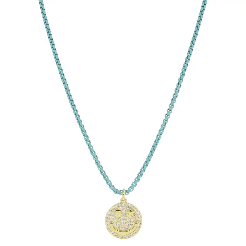 JM Kids Turquoise Box Chain with Star Eye Happy Face Necklace