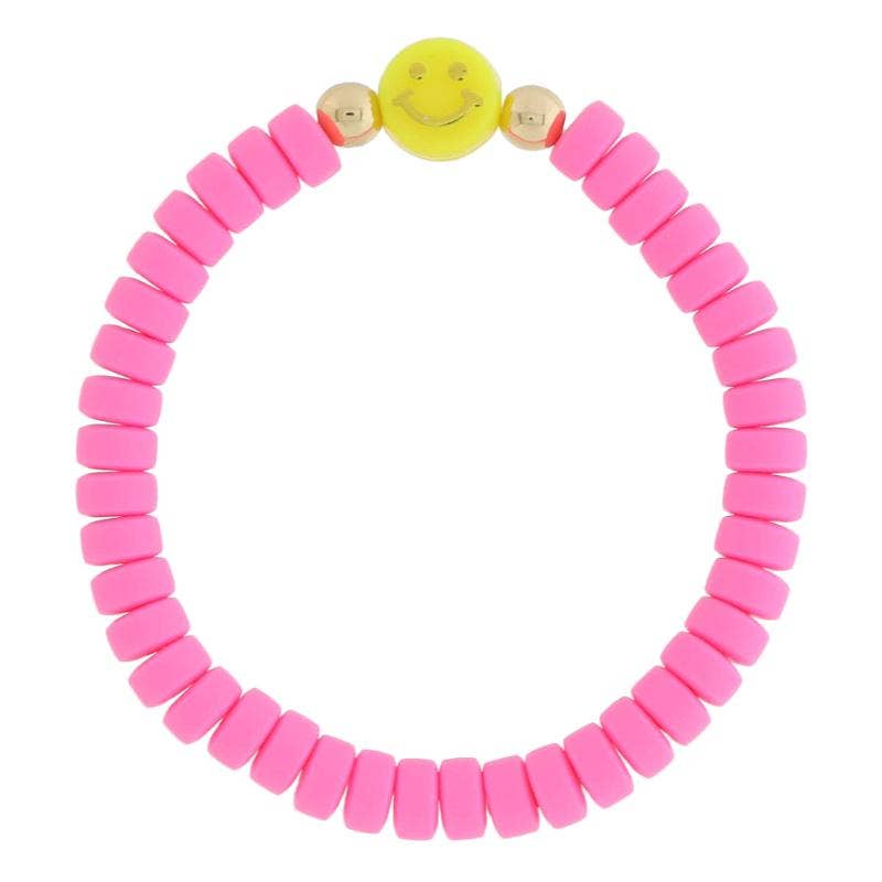 Kids Hot Pink Beaded & Yellow Face Bracelet, 6.5" Around