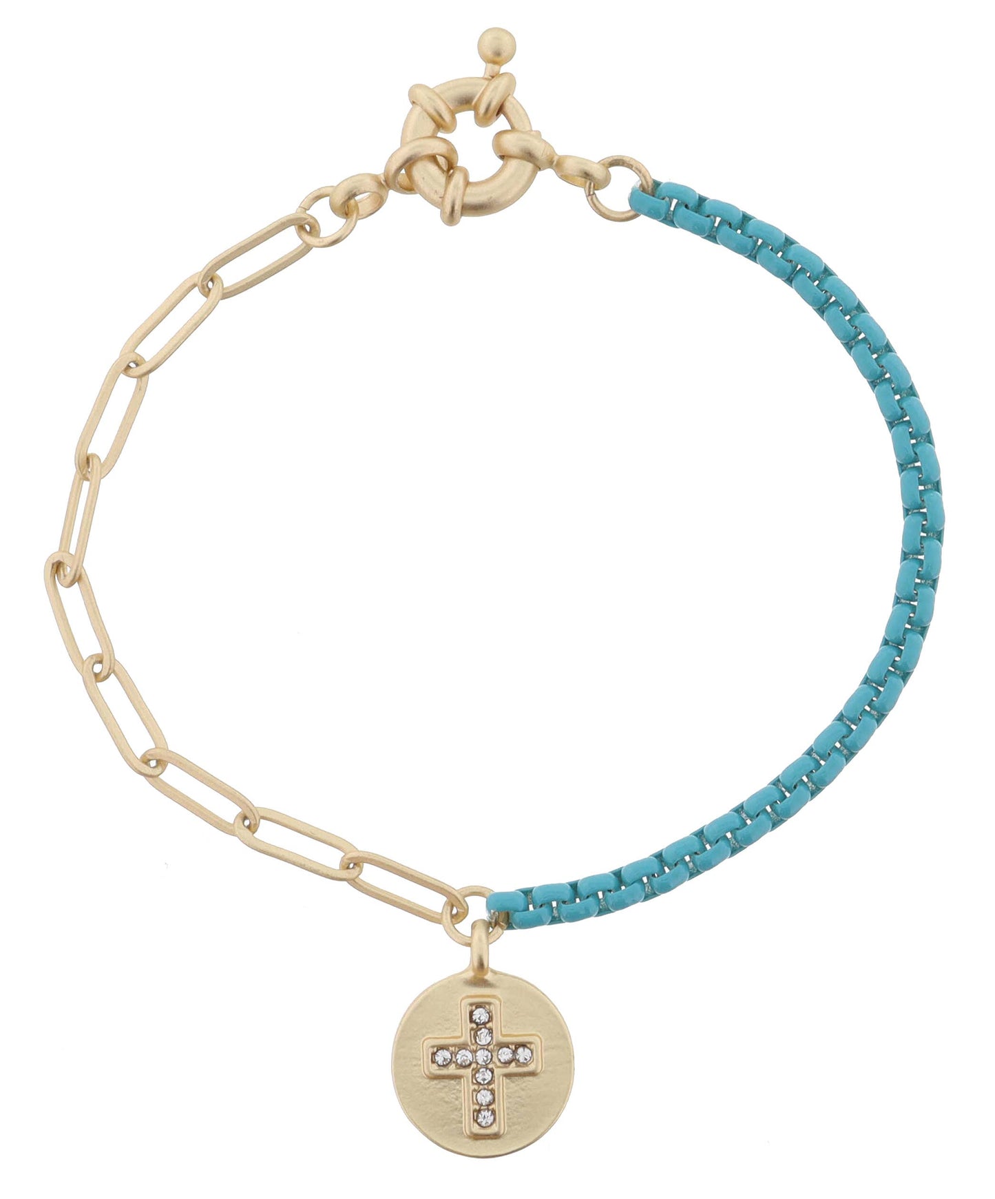 Kids Half Gold, Half Turquoise Chain with Cross Bracelet