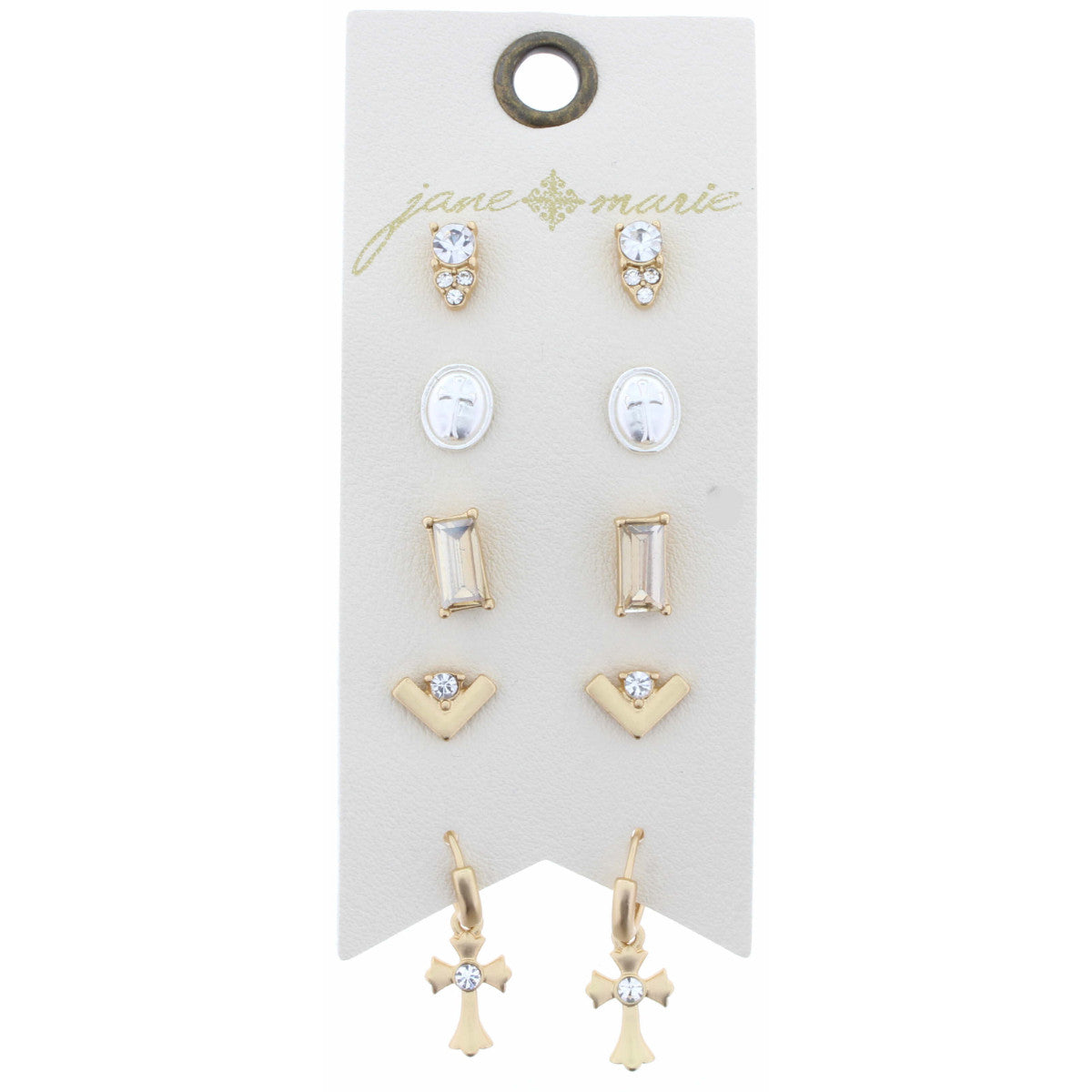 Set of Five Gold Cross with Crystal, Gold and Silver Earrings
