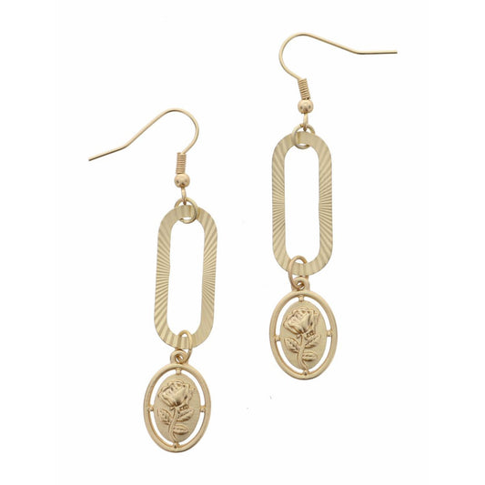 Gold Open Oval with Rose Stamped Disc Earring